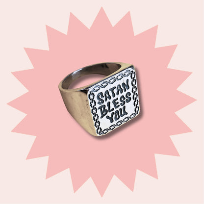 SATAN BLESS YOU - Sterling Silver Signet Ring